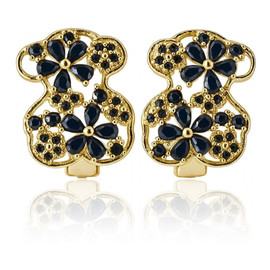 Kolczyki Ze Stali Szlachetnej Pozłacane 14K Złotem, Miś Z Czarną Cyrkonią Kst3535