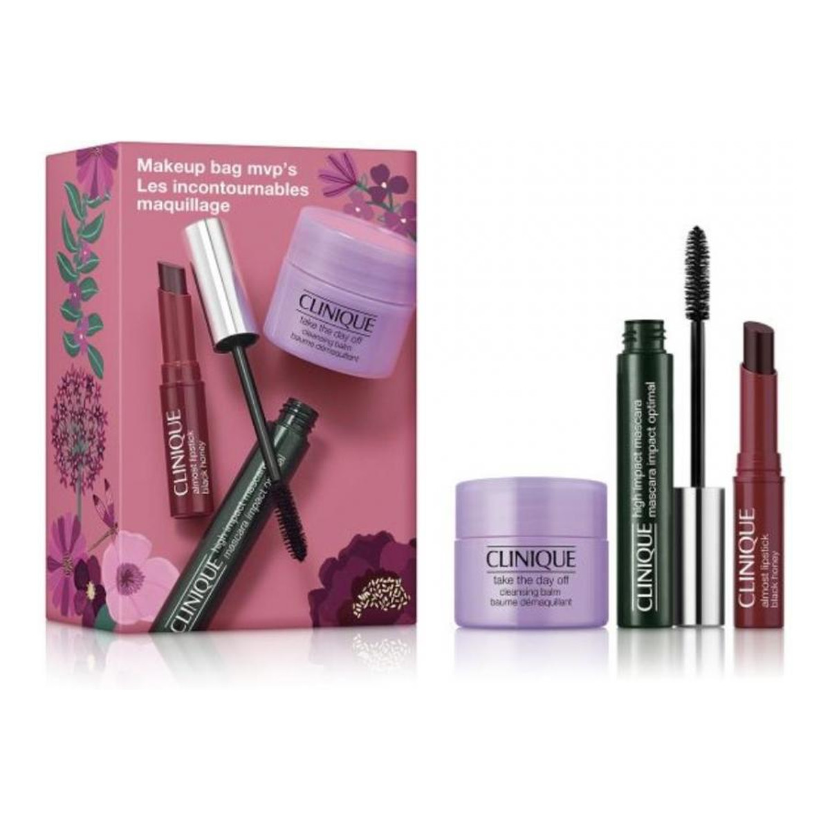 Clinique Makeup Bag High Impact Mascara tusz do rzęs 7ml + Almost Lipstick Black Honey pomadka do ust 1,2g + Take The Day Off Cleansing Balm balsam do mycia twarzy 15ml