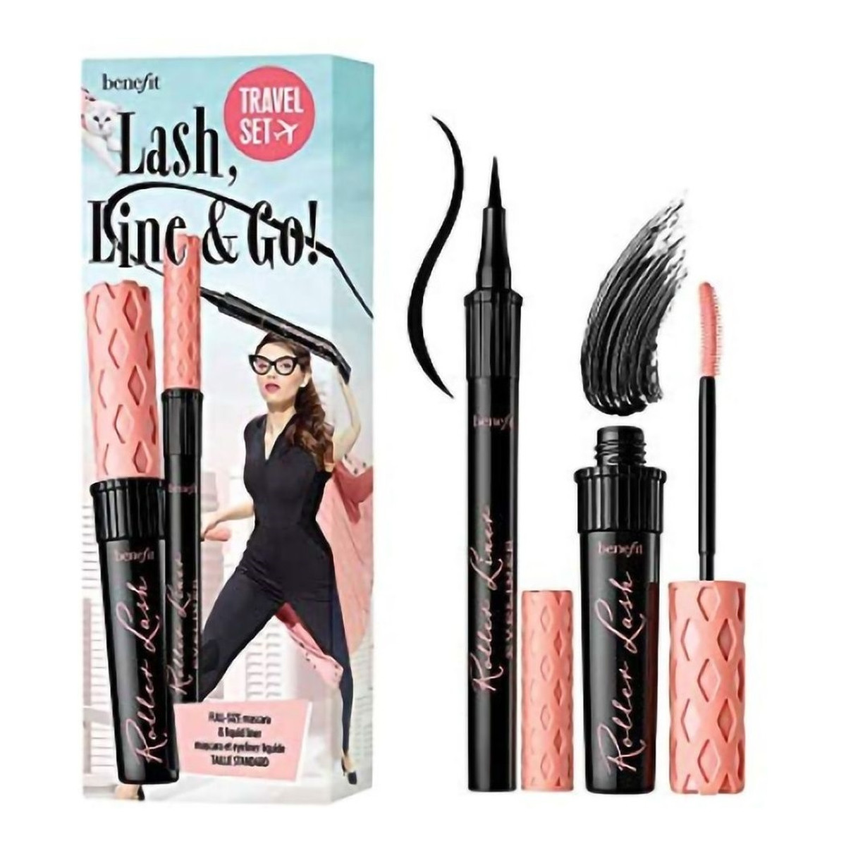 Benefit Lash Line & Go Travel Set Zestaw podkręcająco-liftingujący tusz do rzęs black 8.5g + matowy eyeliner w pisaku black 1ml