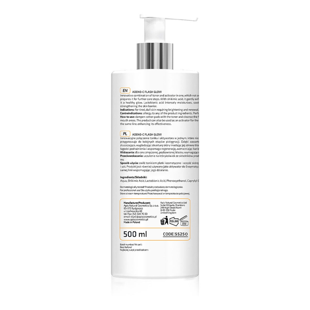 Apis ADENO-C Flash Glow Roświetlający tonik i aktywator 2w1 z kwasem szikimowym i laktobionowym 500ml
