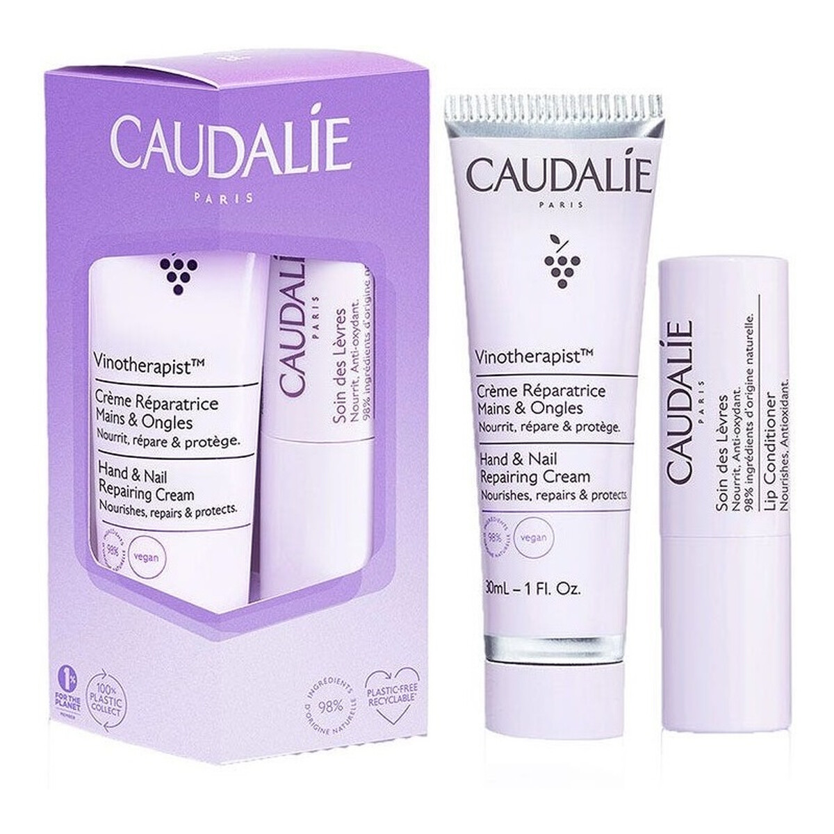 Caudalie Vinotherapist Zestaw regenerujący krem do rąk i paznokci 30ml + odżywczy balsam do ust 4.5g