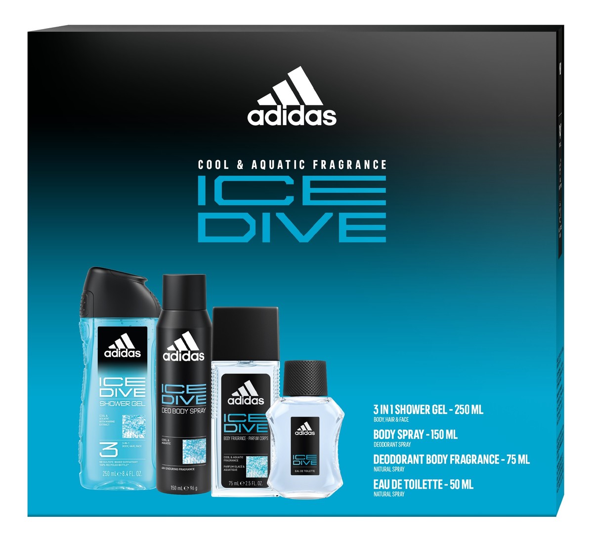 Zestaw prezentowy ice dive (dezodorant naturalny spray 75ml+dezodorant spray 150ml+żel pod prysznic 3w1+woda toaletowa 50ml)