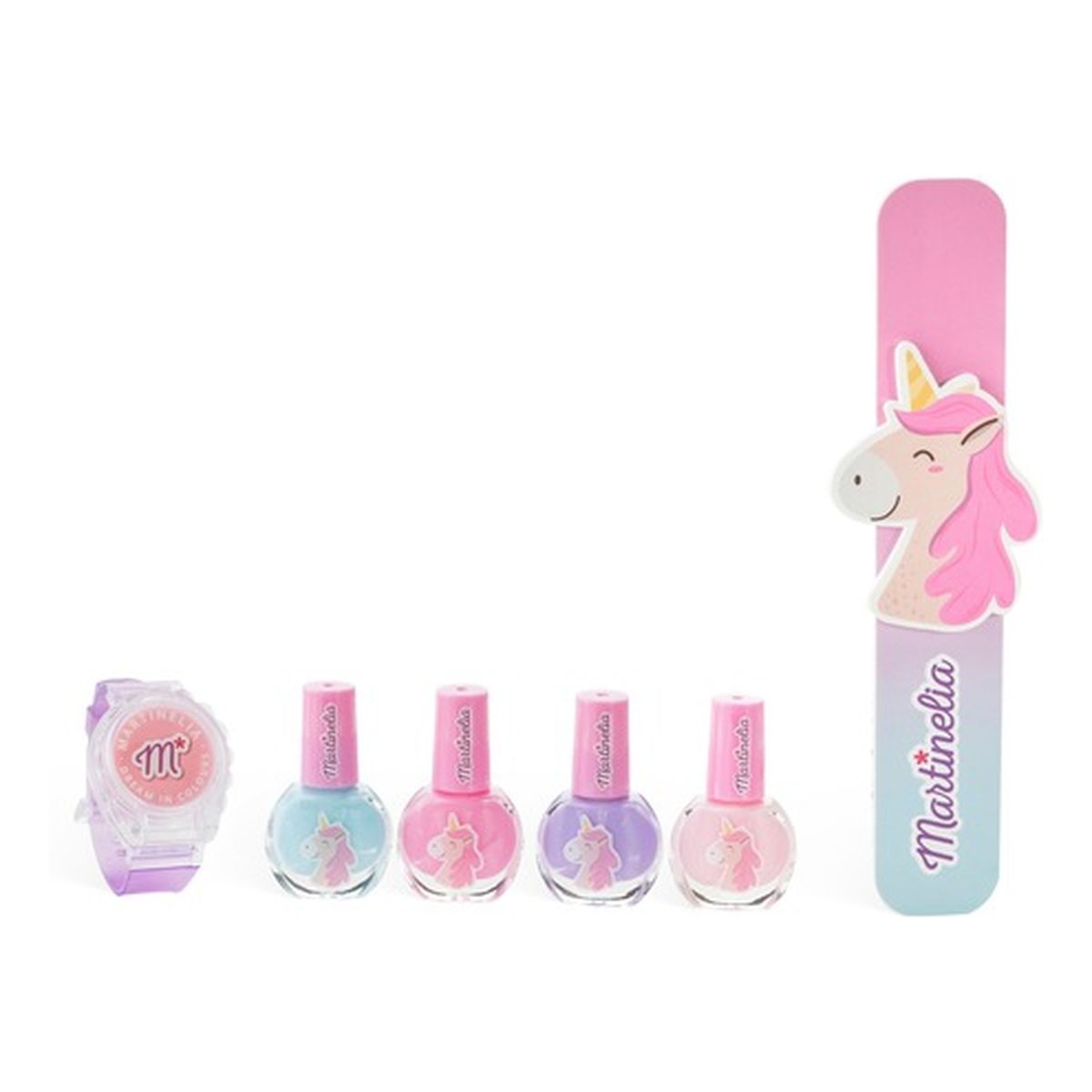 Martinelia Little Unicorn Watch & Manicure Set Zestaw Uroczy zegarek z błyszczykiem + Lakier do paznokci 4szt + Pilnik