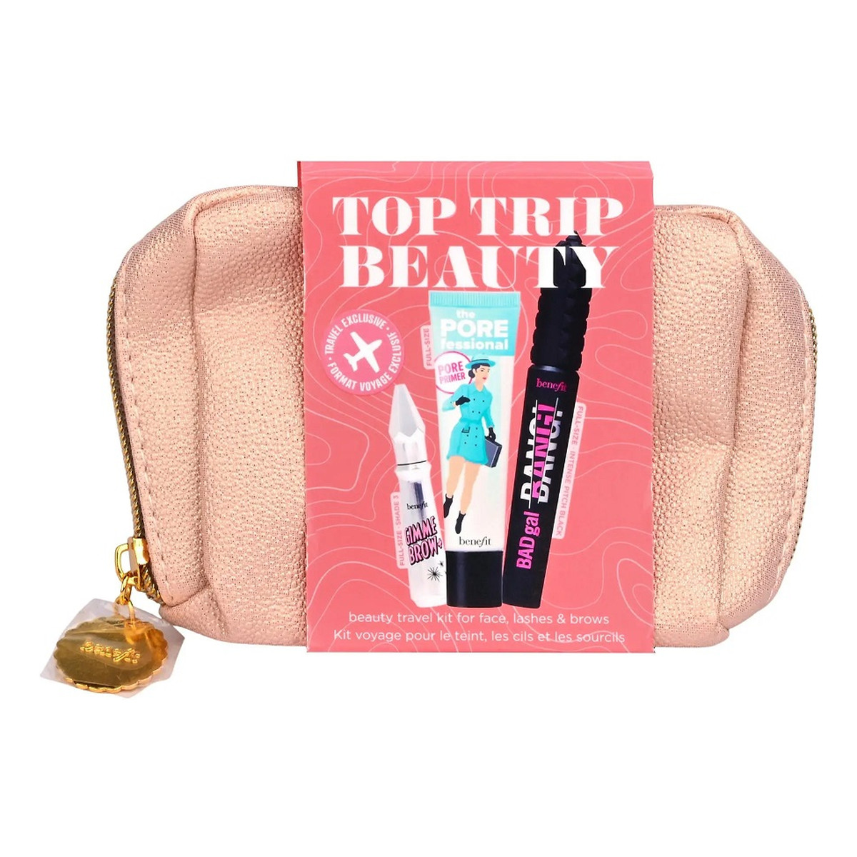Benefit Top Trip Beauty Zestaw baza minimalizująca widoczność porów 22ml + żel do brwi 3g + tusz do rzęs 8.5g