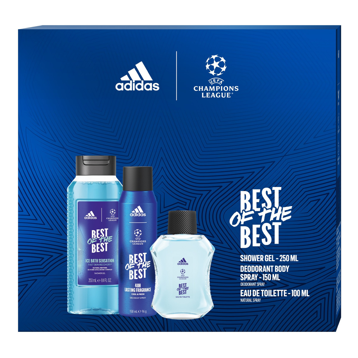 Adidas ADIDAS UEFA CHAMPIONS LEAGUE Zestaw prezentowy best of the best (woda toaletowa 100ml+żel pod prysznic 3w1 250ml+dezodorant spray 150ml)