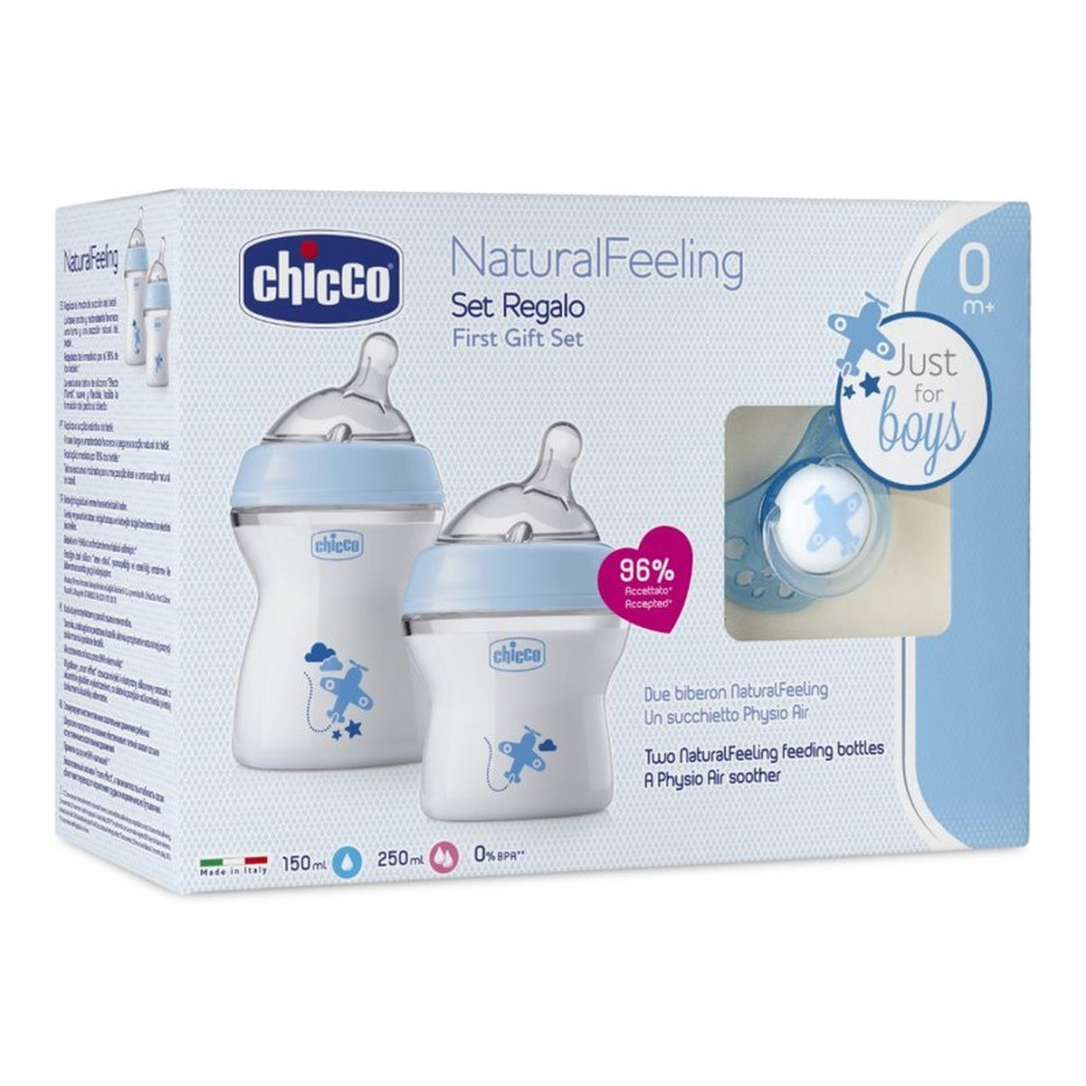 Chicco NaturalFeeling Zestaw do karmienia butelka 150ml 0m+ + butelka 250ml 2m+ + smoczek physioforma comfort 0m+ niebieski