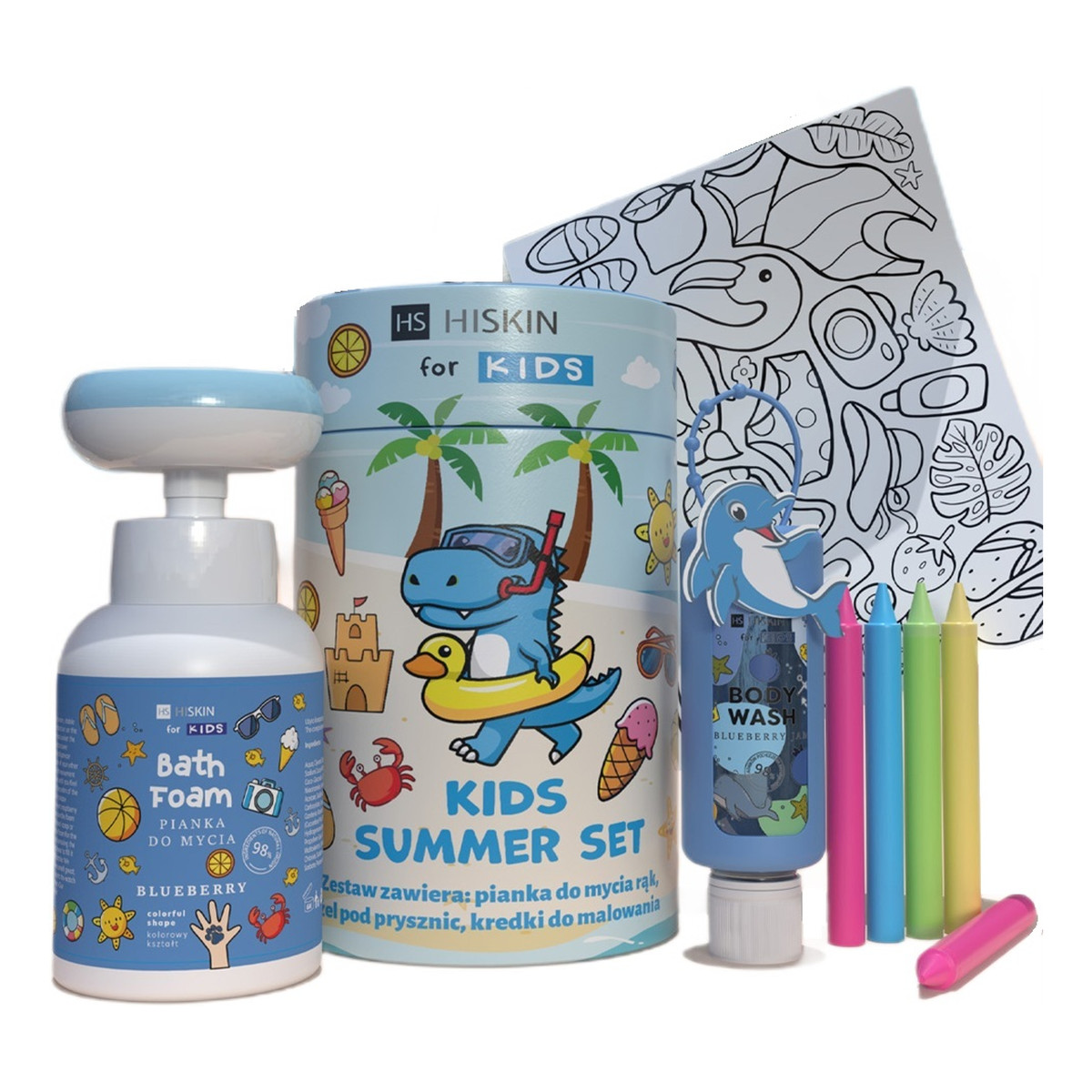 Hiskin Kids Summer Blue Zestaw płyn do kąpieli 75ml + pianka do mycia 300ml + kredki 5szt + kolorowanka