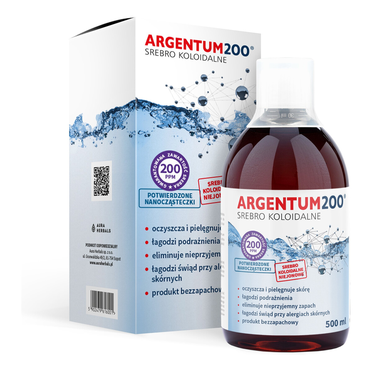 Aura Herbals Argentum 200 tonik do twarzy 200PPM Srebro Koloidalne 500ml