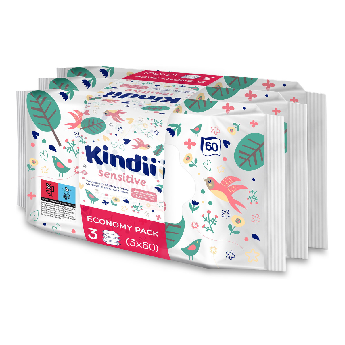 Kindii Sensitive Chusteczki oczyszczające dla niemowląt i dzieci TRIO 3 x 60 szt.