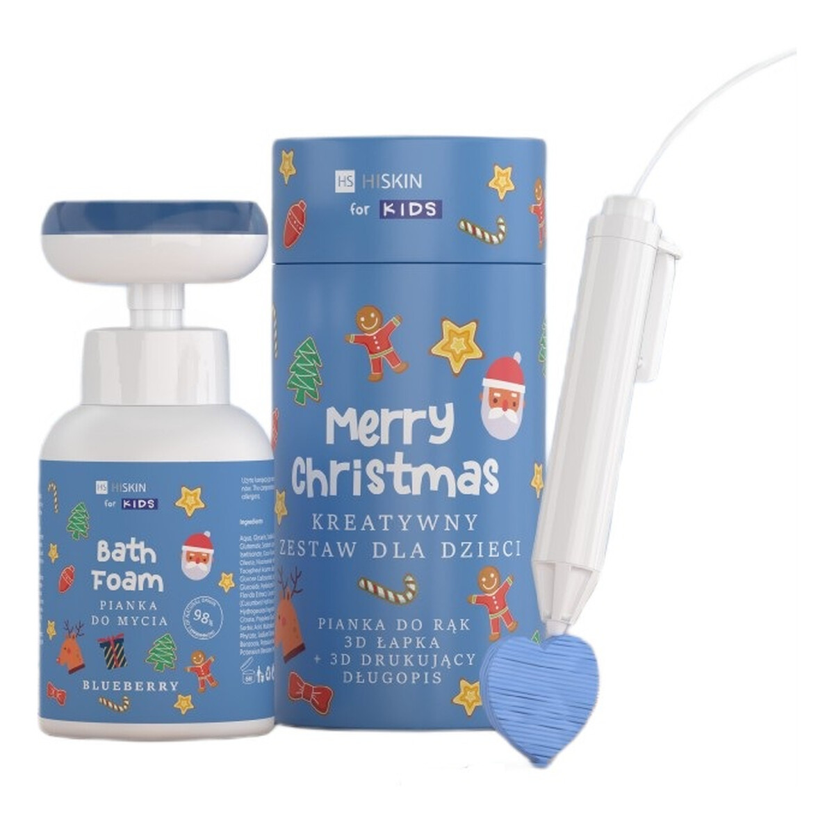 Hiskin Kids Merry Christmas kreatywny Zestaw dla dzieci niebieska pianka do mycia jagodowa 300ml + długopis 3d 1szt