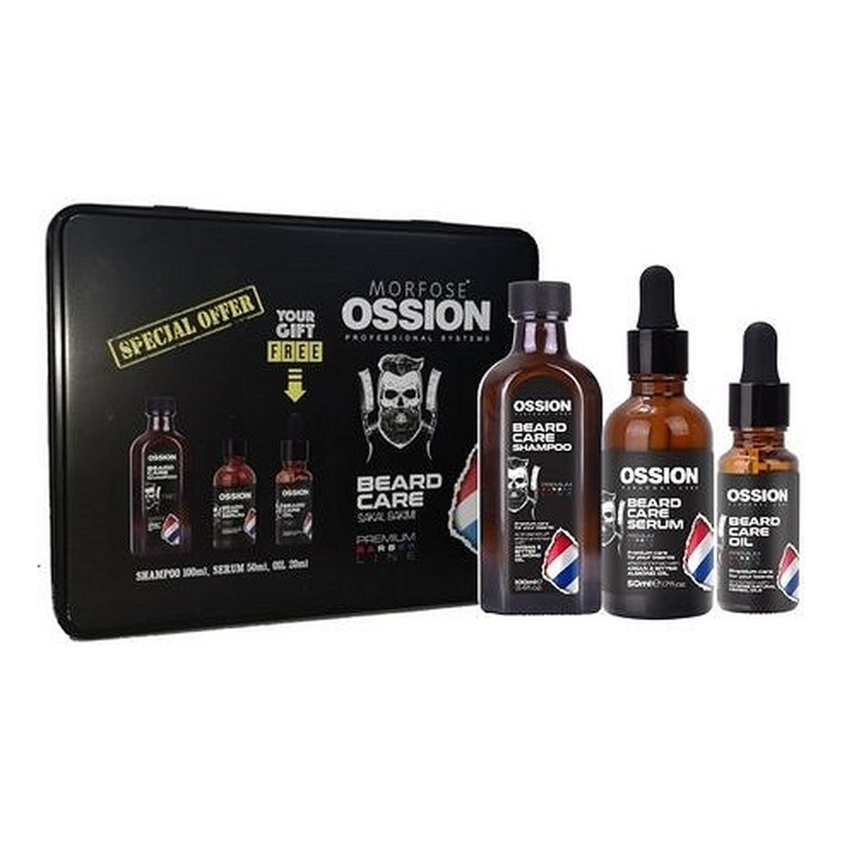 Morfose Ossion Premium Barber Beard Zestaw szampon do brody 100ml + serum do brody 50ml + olejek do brody 20ml metalowe pudełko