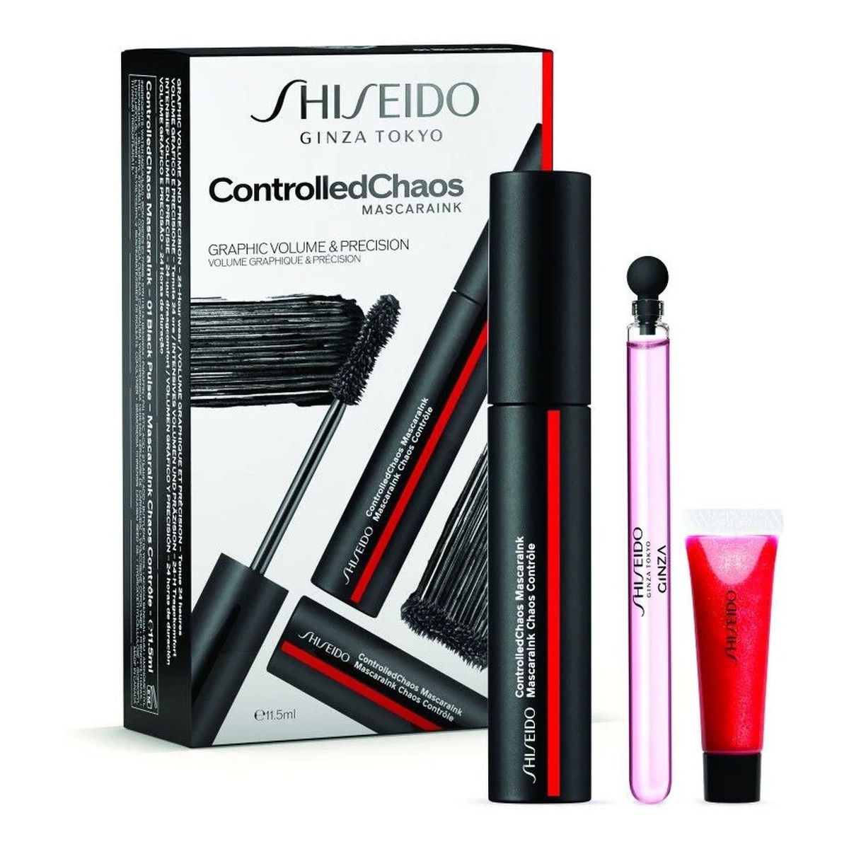 Shiseido Zestaw controlledchaos mascaraink 01 black 11.5ml + ginza woda perfumowana 4ml + shimmer gelgloss shade 07 shin-ku red 2ml