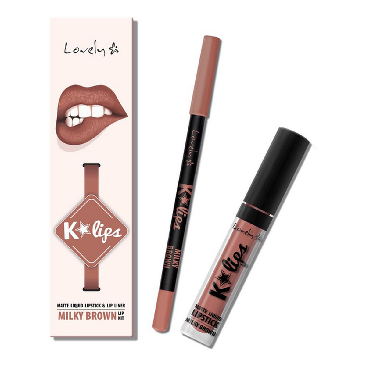Lovely K-Lips Zestaw Matte Liquid Lipstick & Lip liner Neutral Beauty