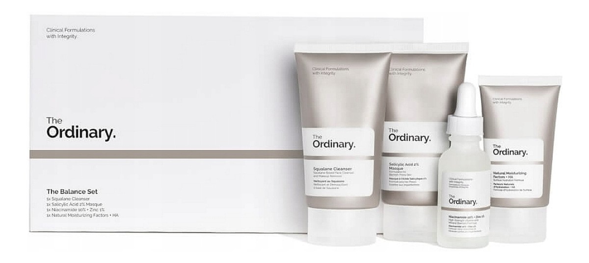 THE BALANCE SET: NAWILŻAJĄCA EMULSJA OCZYSZCZAJĄCA 50ML + MASKA DO TWARZY Z KWASEM SALICYLOWYM 50ML + SERUM Z WITAMINĄ B3 I CYNKIEM 30ML + KREM NNAWILŻAJĄCY Z KWASEM HIALURONOWYM 30ML