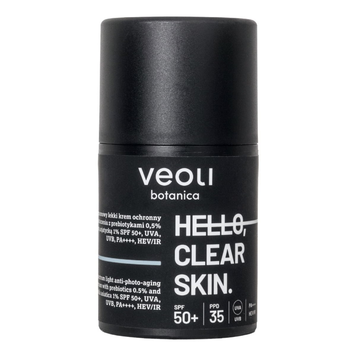 Veoli Botanica Hello Clear Skin szerokopasmowy lekki Krem ochronny przeciw fotostarzeniu z prebiotykami 0.5% i wąkrotą azjatycką 1% spf50+ 50ml