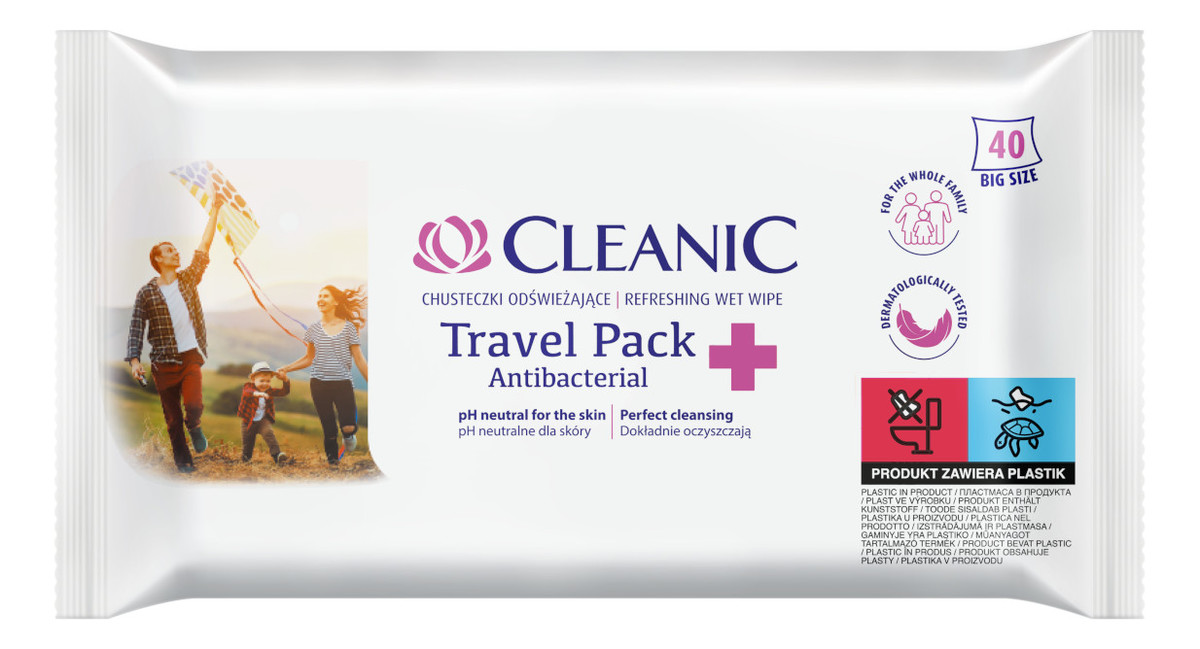 Antibacterial Travel Pack Chusteczki Odświeżające z płynem antybakteryjnym 40 szt.