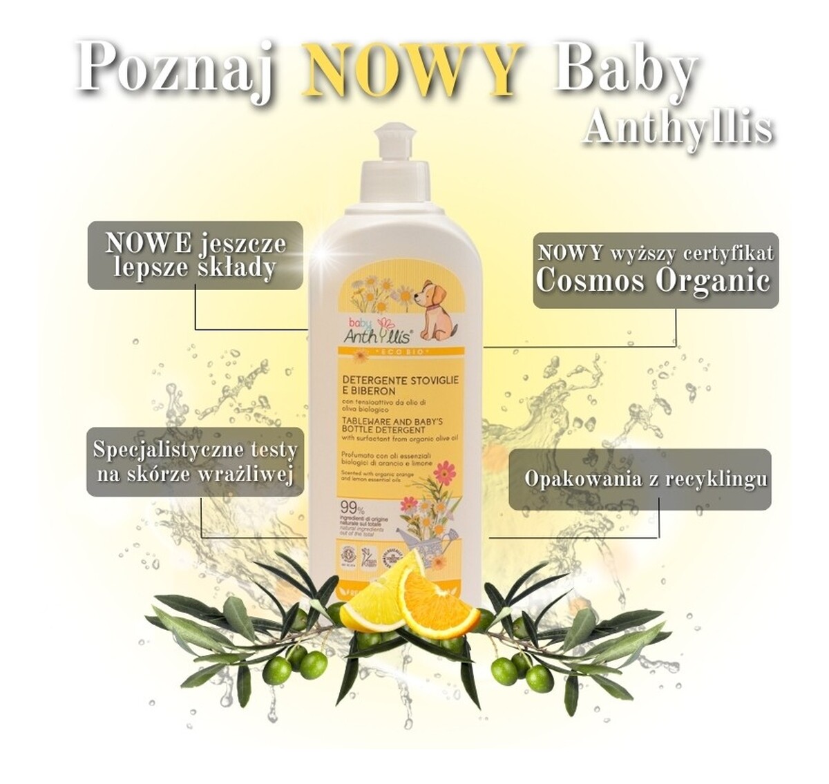 Eko płyn do ręcznego mycia naczyń i butelek dziecięcych z surfaktantem z organicznej oliwy z oliwek