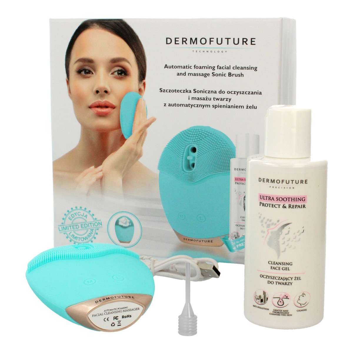 DermoFuture Technology Szczoteczka soniczna do oczyszczania twarzy niebieska+ żel 1op.