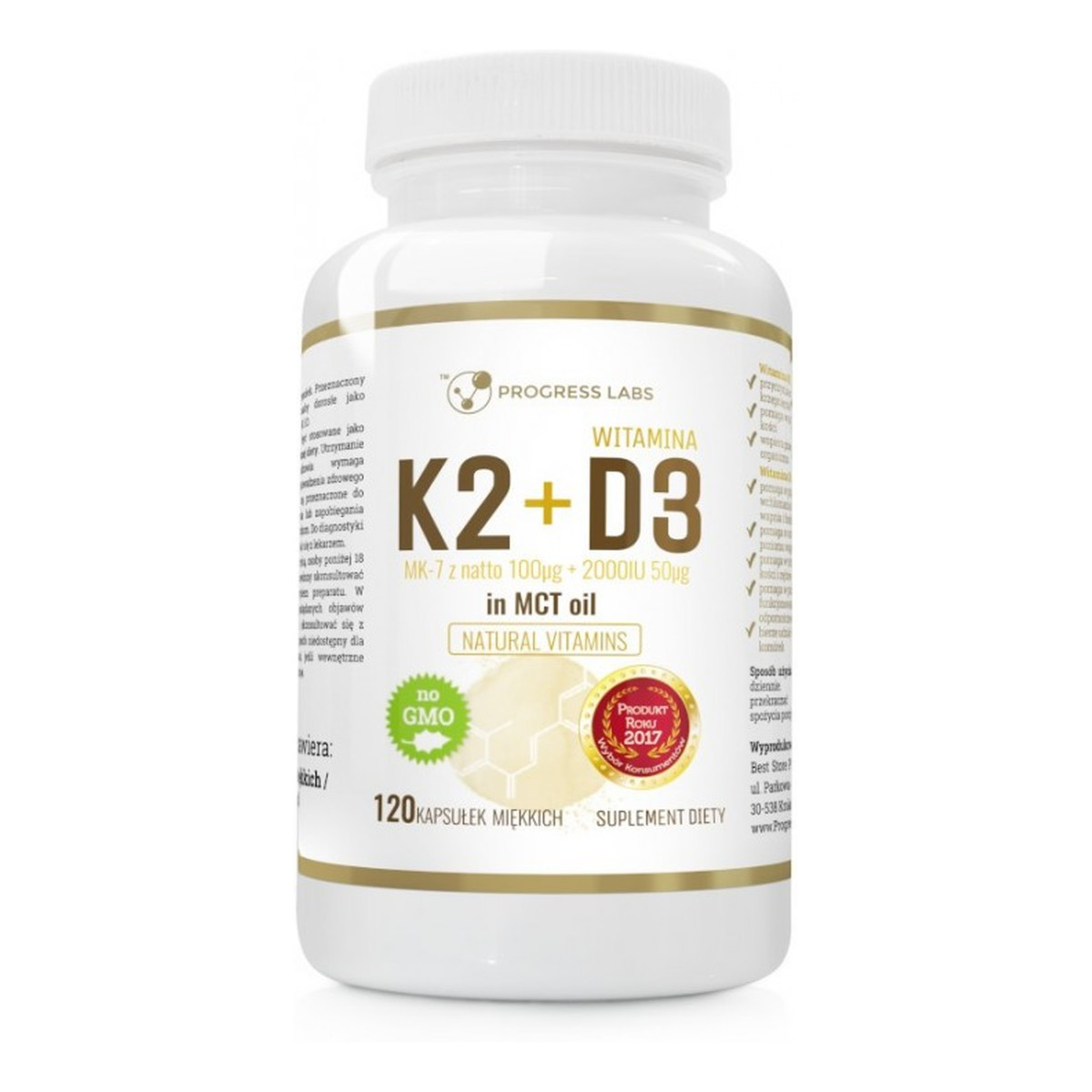 Progress Labs Witamina K2 MK-7 z Natto 100mcg + D3 50mcg suplement diety 120 kapsułek