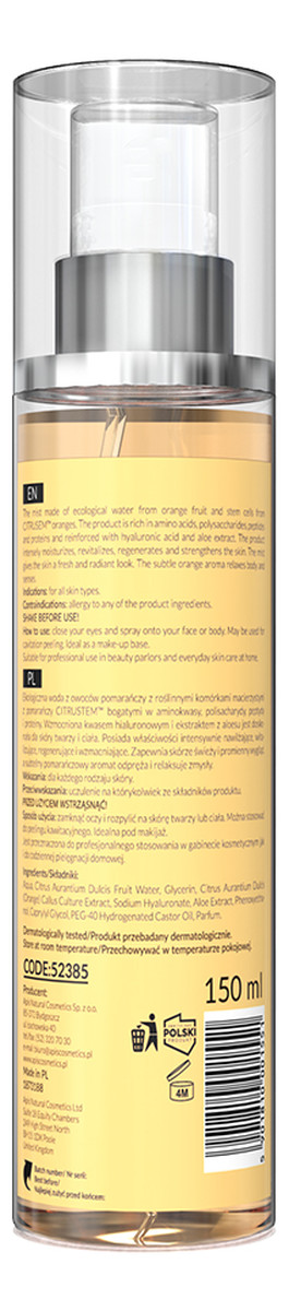 Mgiełka z Ekologiczną Wodą z Owoców Pomarańczy i Komórkami Macierzystymi