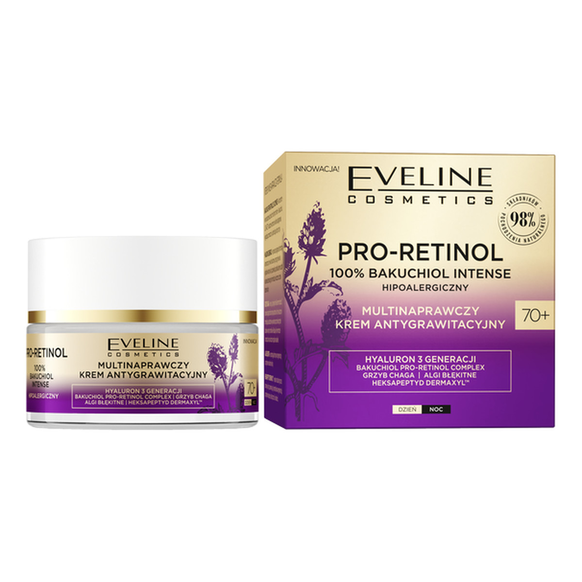 Eveline Pro-Retinol 100% Bakuchiol Intense Multinaprawczy Krem antygrawitacyjny na dzień i noc 70+ 50ml