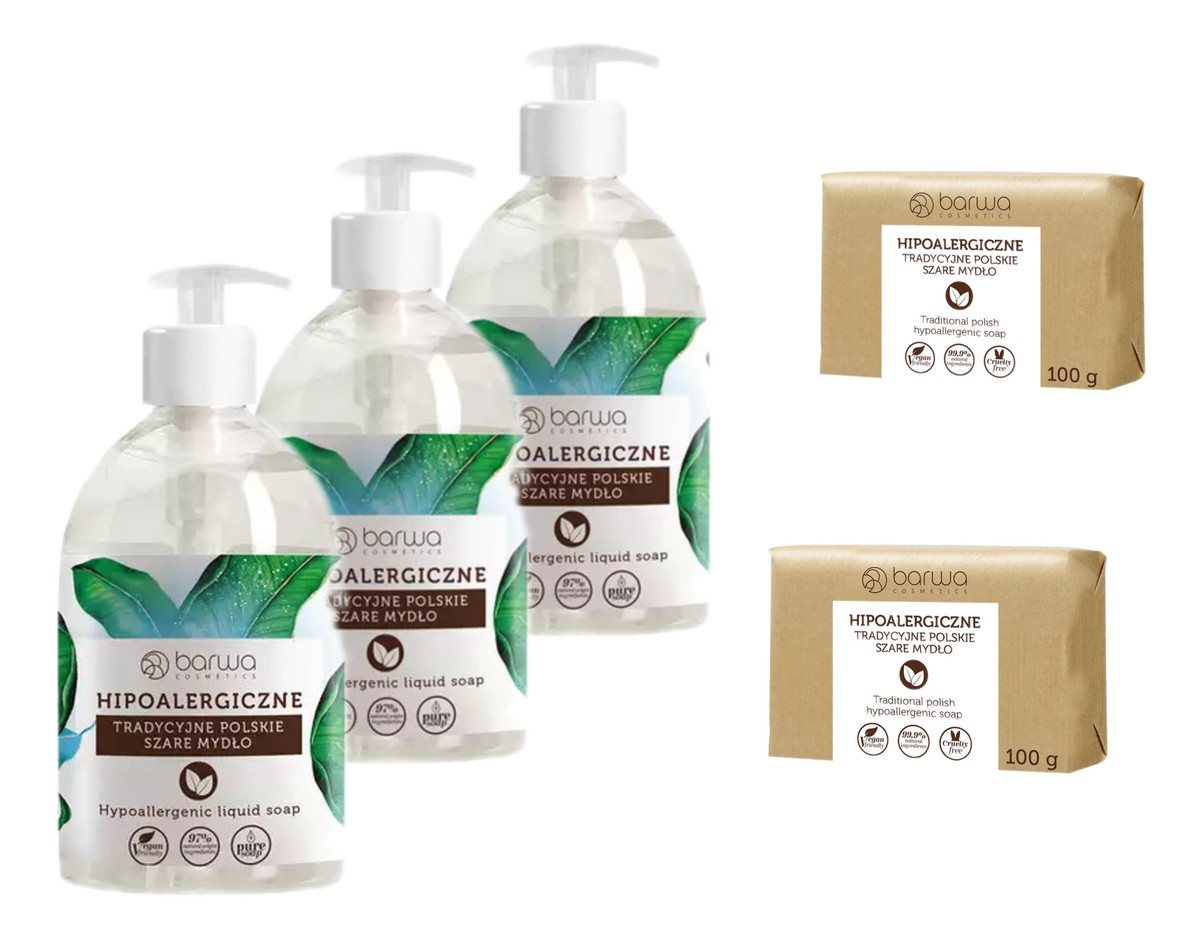 Szare Mydło w Płynie 3x500ml + Mydło w Kostce 2x100g