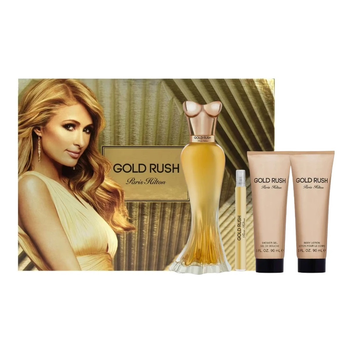 Paris Hilton Gold Rush zestaw woda perfumowana spray 100ml + woda perfumowana spray 10ml + balsam do ciała 90ml + żel pod prysznic 90ml