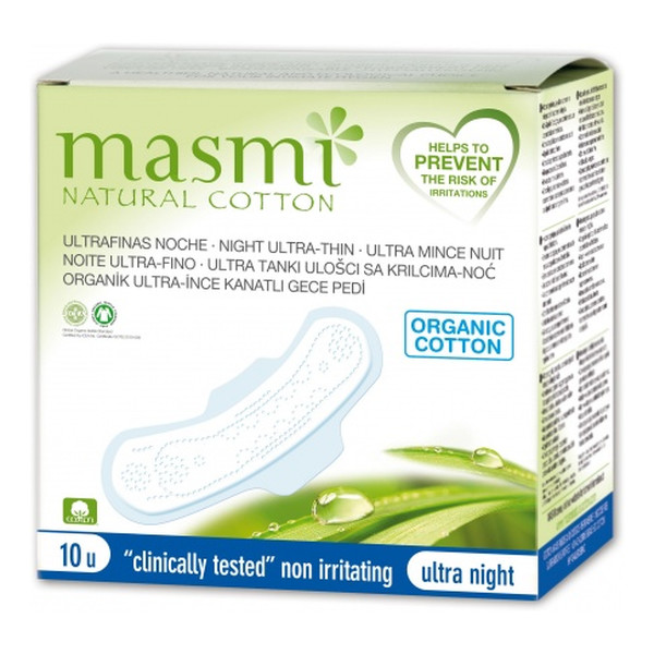 MASMI Ultracienkie bawełniane podpaski na noc ze skrzydełkami -100% bawełny organicznej 10 szt.