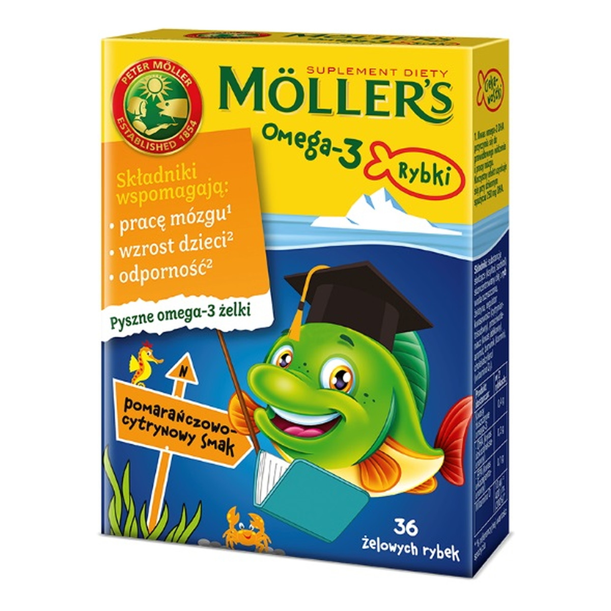 Moller's Omega-3 Rybki żelki z kwasami omega-3 i witaminą D3 dla dzieci Pomarańczowo-cytrynowe 36szt.