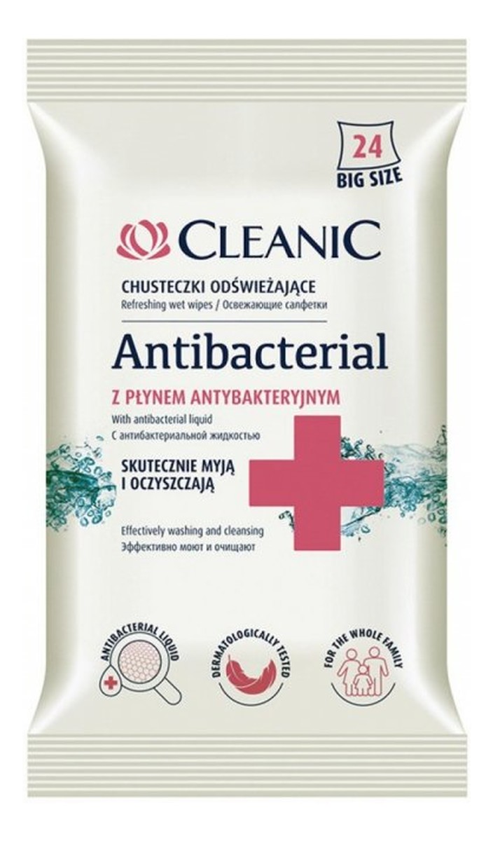 Antibacterial chusteczki odświeżające z płynem antybakteryjnym 24szt.