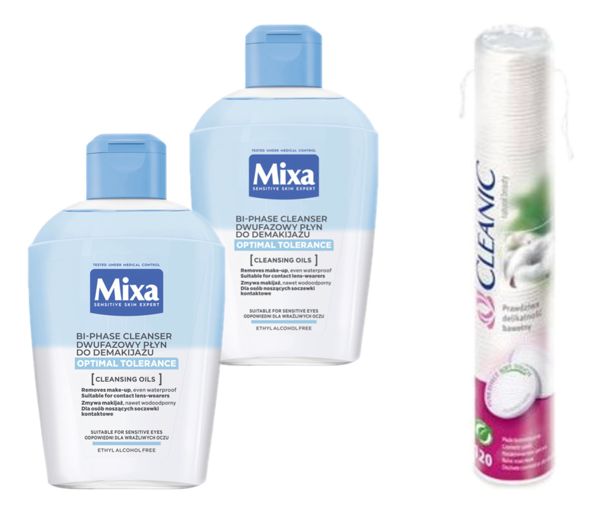 Dwufazowy Płyn Do Demakijażu 2x125ml + Cleanic Płatki kosmetyczne 120szt.