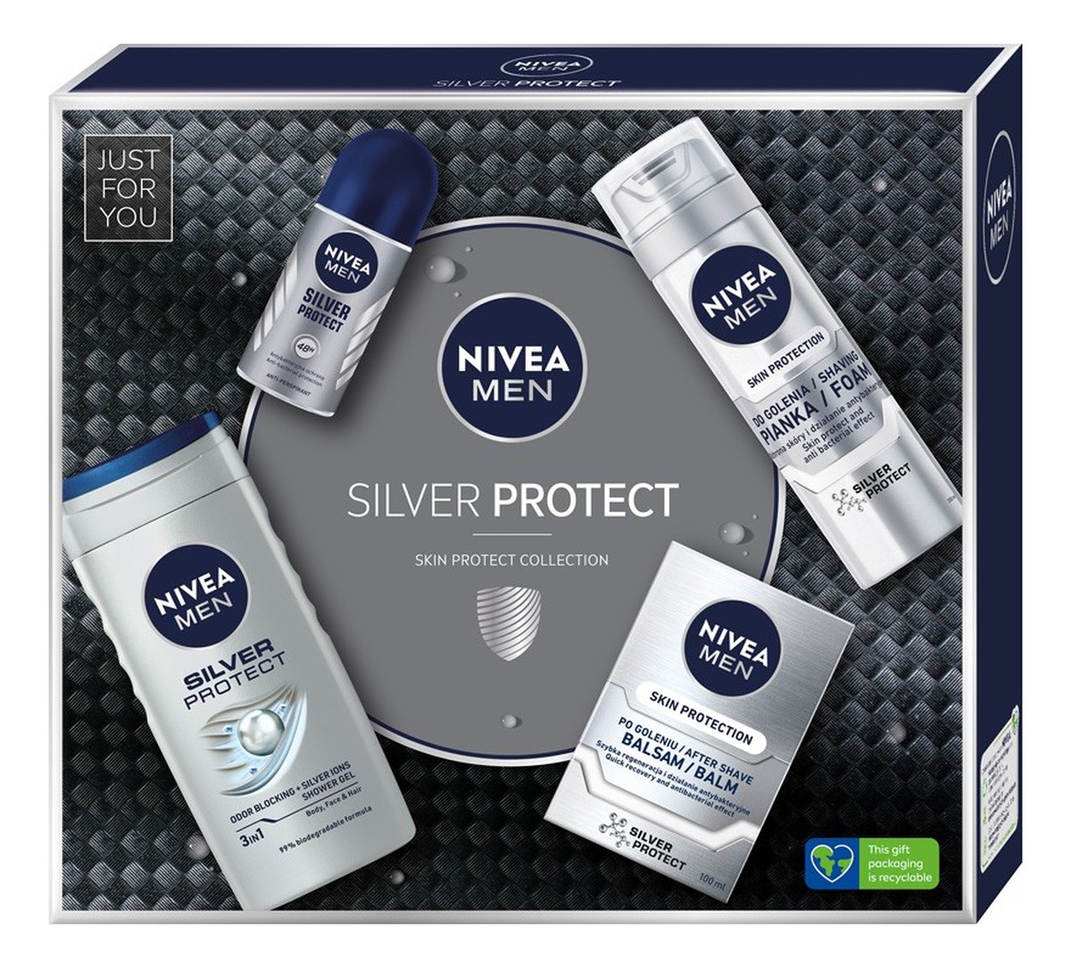 Zestaw prezentowy Silver Protect żel pod prysznic + pianka do golenia + balsam po goleniu + deo roll-on