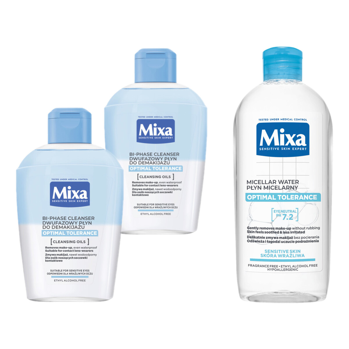 Mixa Ekspert Skóry Wrażliwej Optymalna Tolerancja Dwufazowy Płyn Do Demakijażu 2x125ml + Płyn Micelarny 400ml