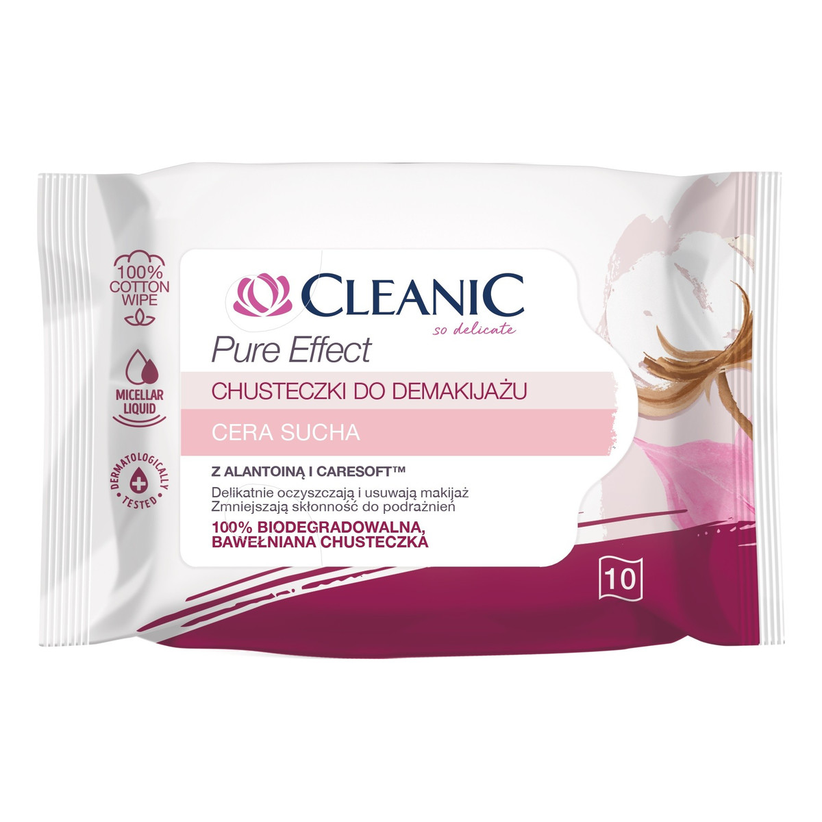 Cleanic Pure Effect Chusteczki do demakijażu cera sucha 1op.-10szt