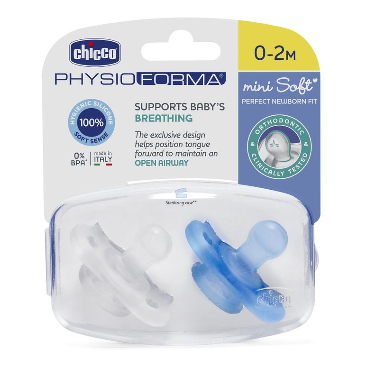 Chicco Physioforma smoczek silikonowy uspokajający mini soft 0-2m boy 2szt