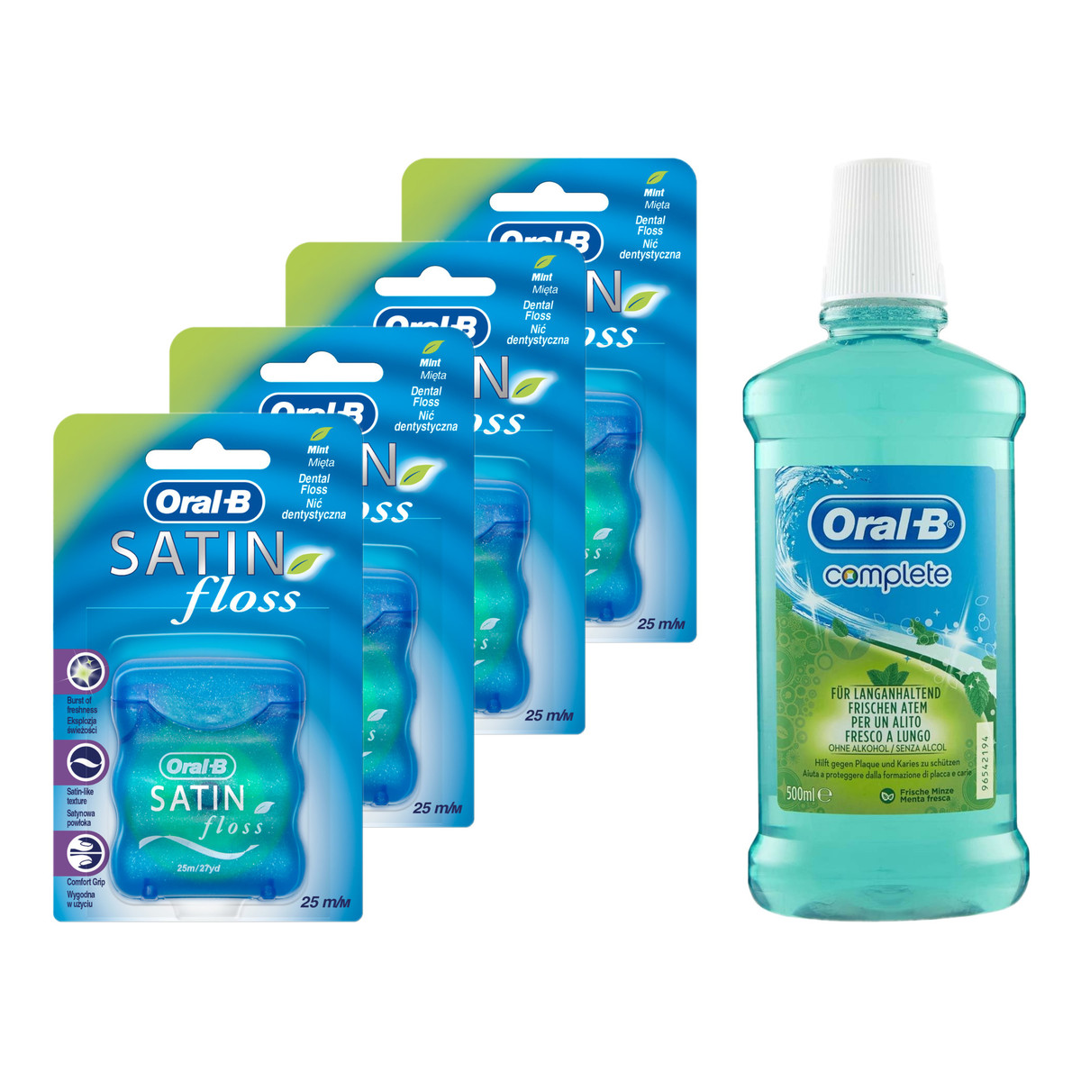 Oral-B Satin Floss Nić dentystyczna miętowa, 25m x4 + Płyn do jamy ustnej 500ml