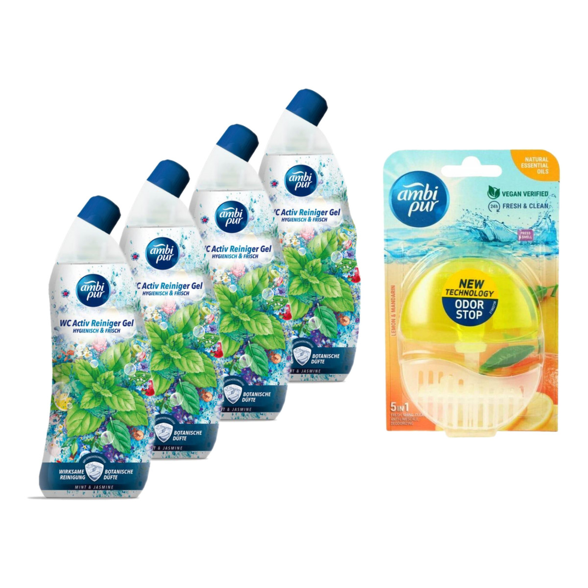 Ambi Pur Żel do WC Mięta & jaśmin 4x750ml + Zawieszka do WC Lemon&Mandarine