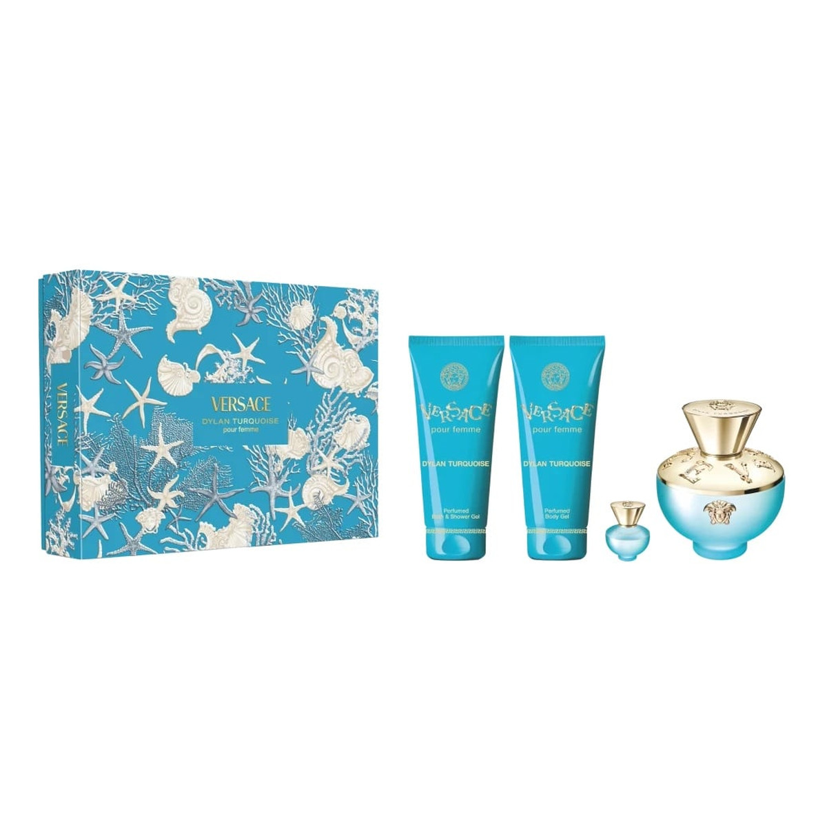 Versace Dylan Turquoise Zestaw woda toaletowa spray 100ml + żel pod prysznic 100ml + perfumowany żel do ciała 100ml + miniatura wody toaletowej 5ml