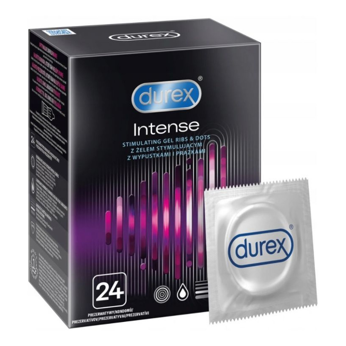 Durex Prezerwatywy intense 24 szt z wypustkami prążkami Żel stymulujący