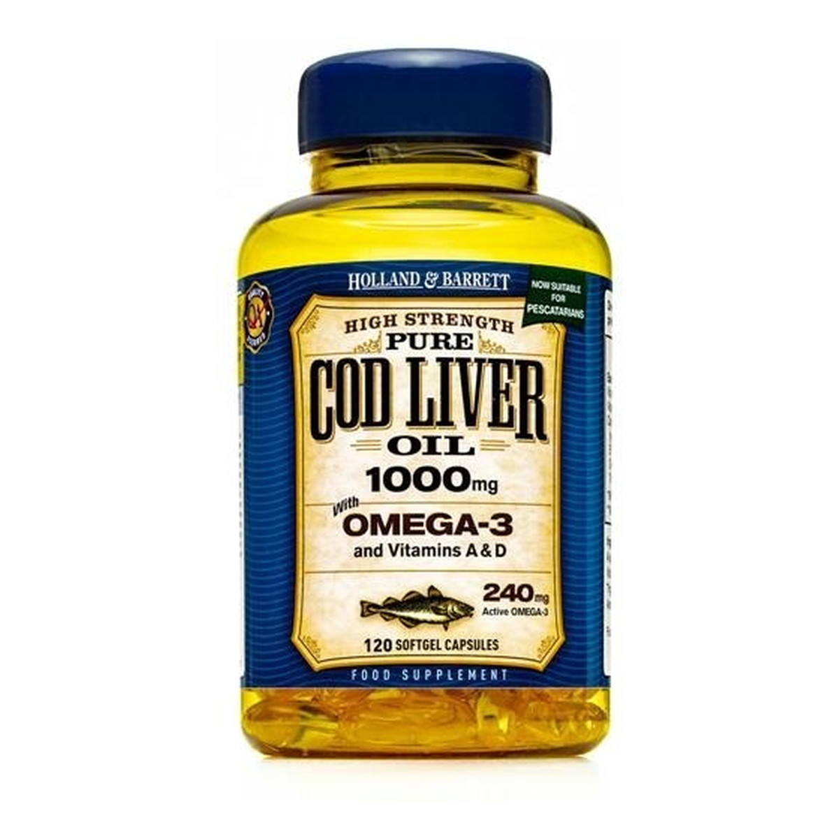 Holland & Barrett Pure Cod Liver Oil 1000mg olej z wątroby dorsza z kwasami Omega-3 suplement diety 120 kapsułek żelowych