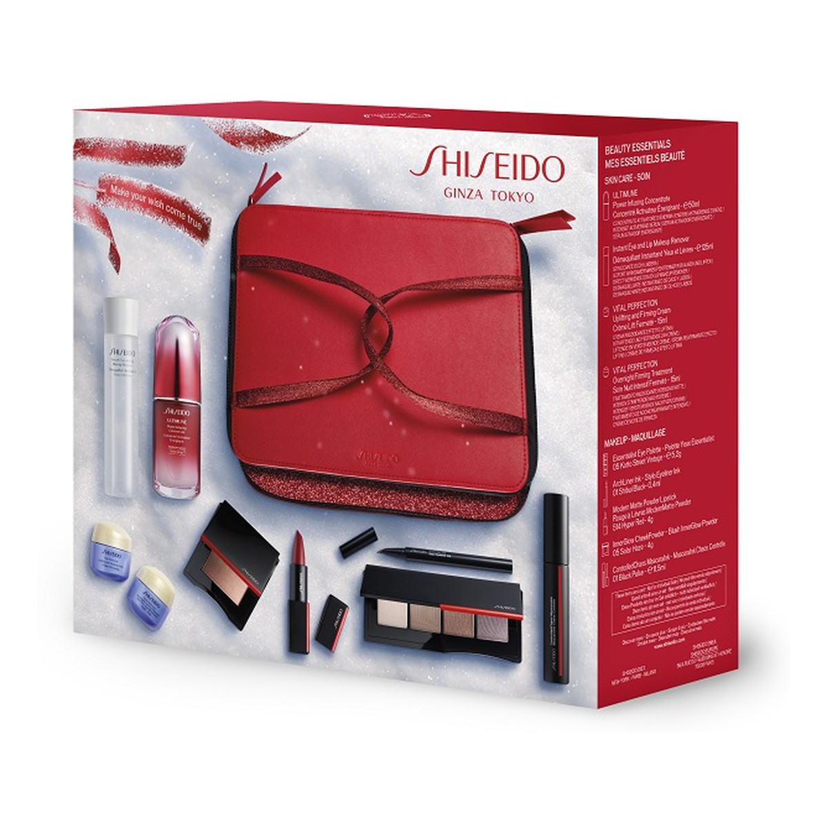 Shiseido Beauty Essentials Zestaw color makeup 5szt + ultimune power infusing concentrate 50ml + instant eye and lip makeup remover 125ml + vital perfection 2x15ml + kosmetyczka