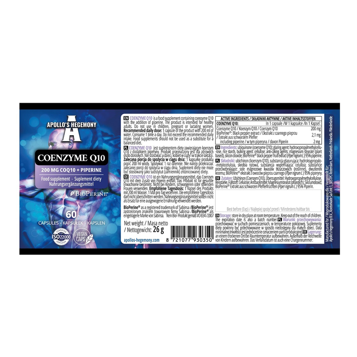 Apollo's Hegemony Coenzyme Q10 suplement diety 60 Kapsułek