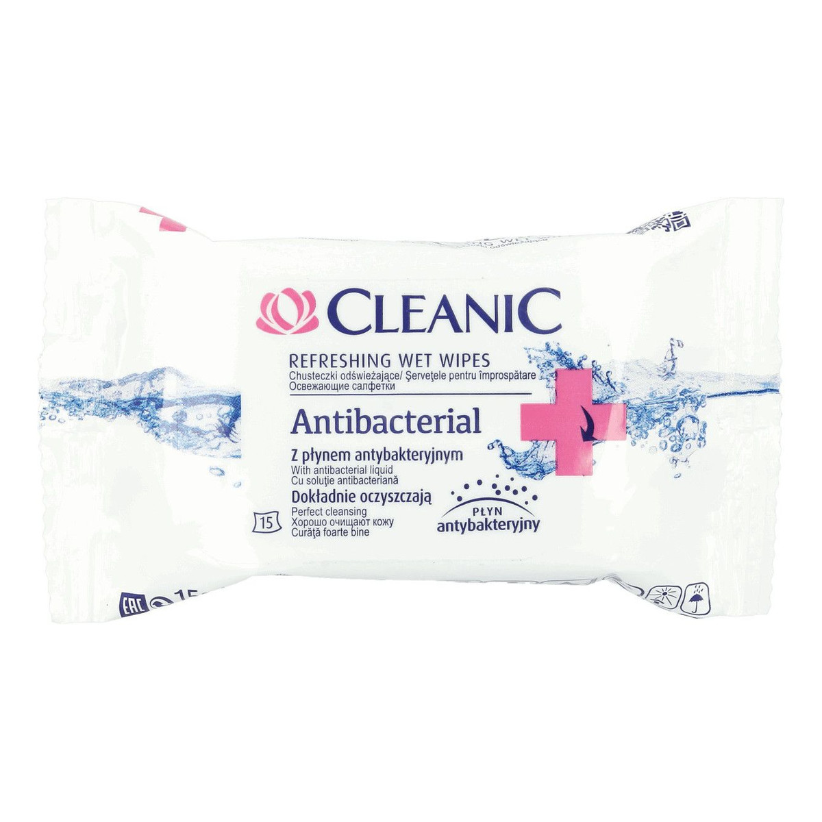 Cleanic Refreshing Wet Wipes Chusteczki Odświeżające Antibacterial 15 szt. z Płynem Antybakteryjnym