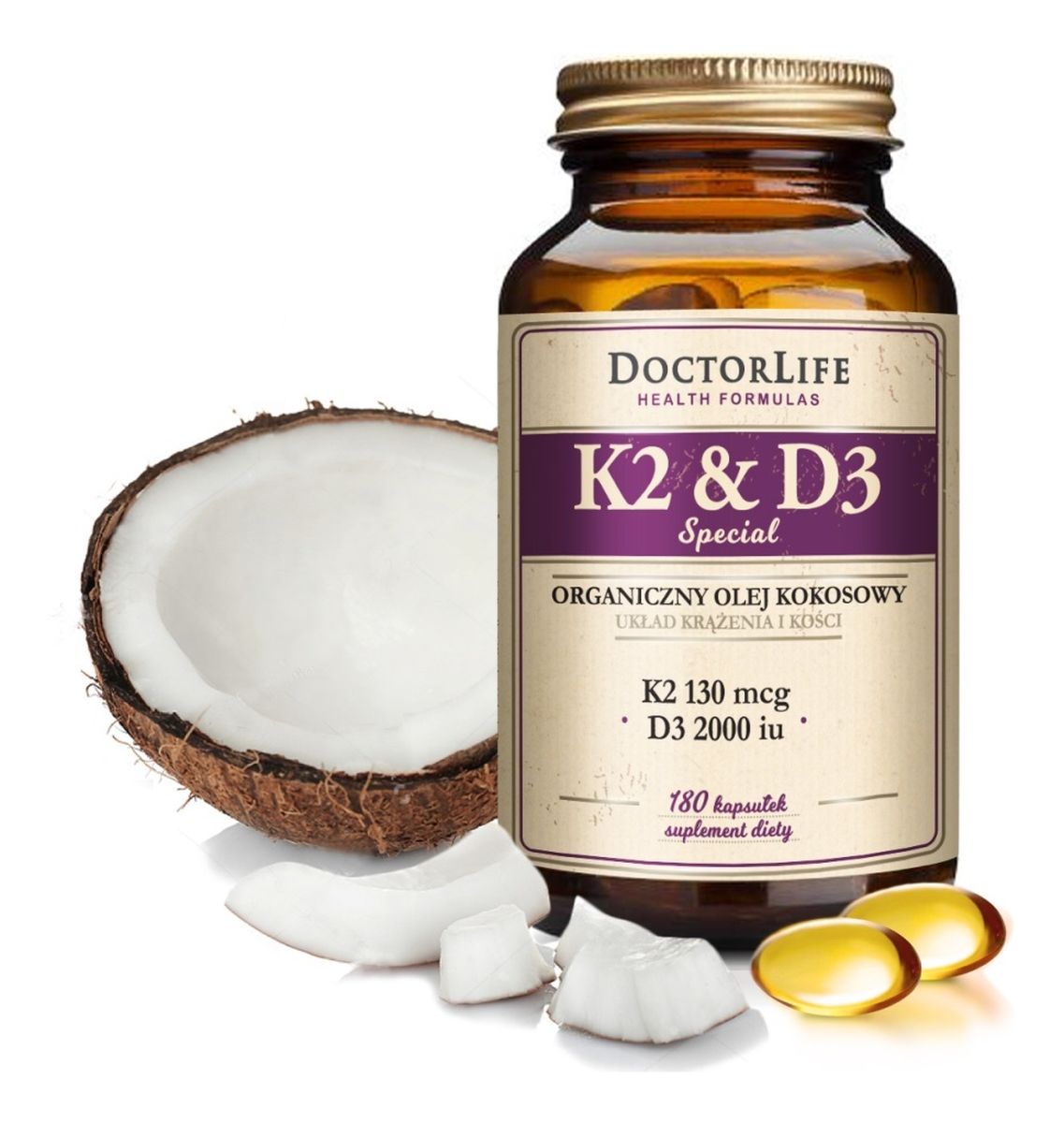 K2 & D3 organiczny olej kokosowy 130ug K2 mk-7 & 2000iu D3 suplement diety 180 kapsułek