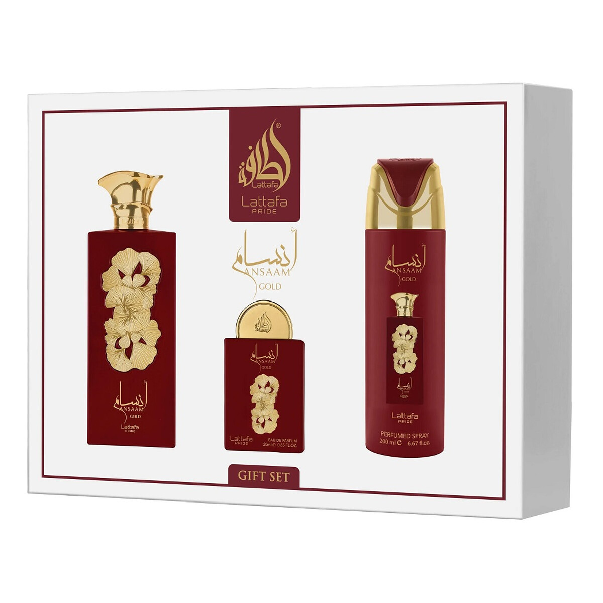Lattafa Ansaam Gold Zestaw woda perfumowana spray 100ml + woda perfumowana spray 20ml + dezodorant spray 200ml