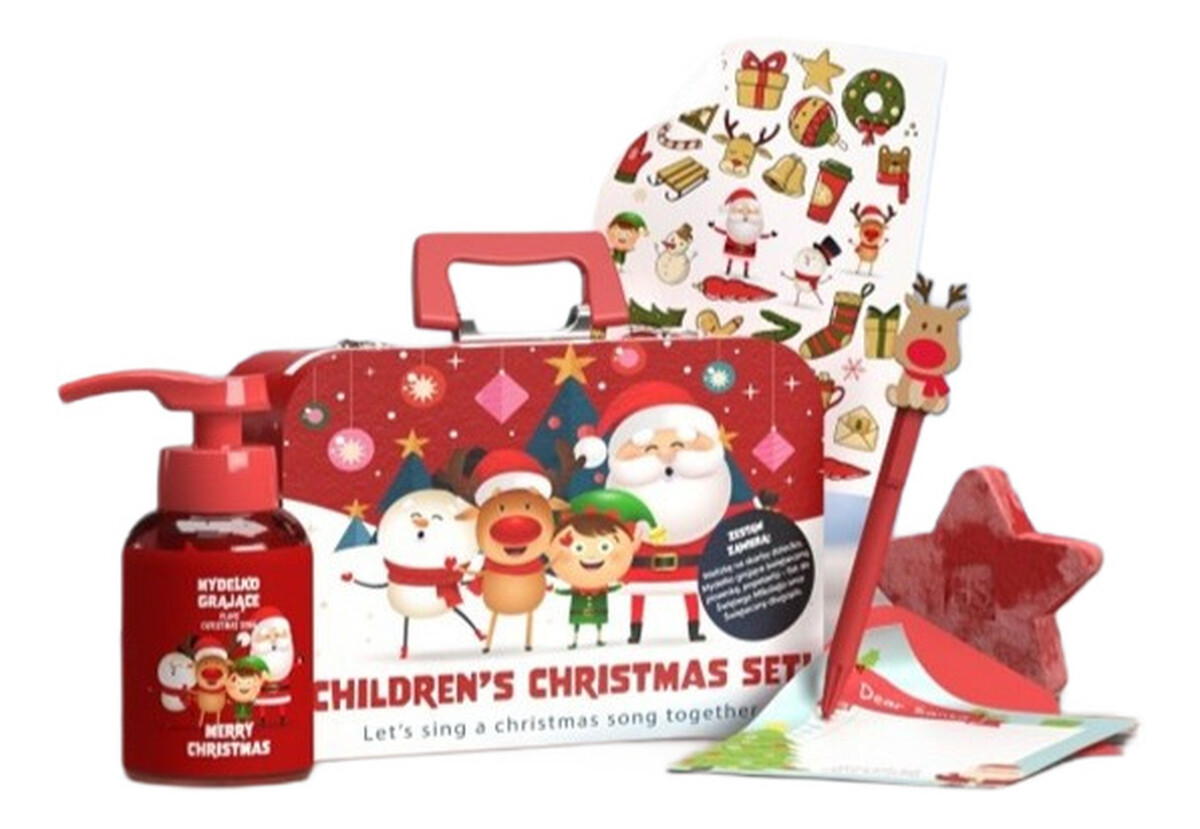 Children's christmas set grające mydełko 200ml + świąteczna skarpeta na prezenty 1szt + naklejki świąteczne 1szt + długopis 1szt + papeteria do świętego mikołaja 1szt + kula do kąpieli gwiazda 1szt + metalowa walizka