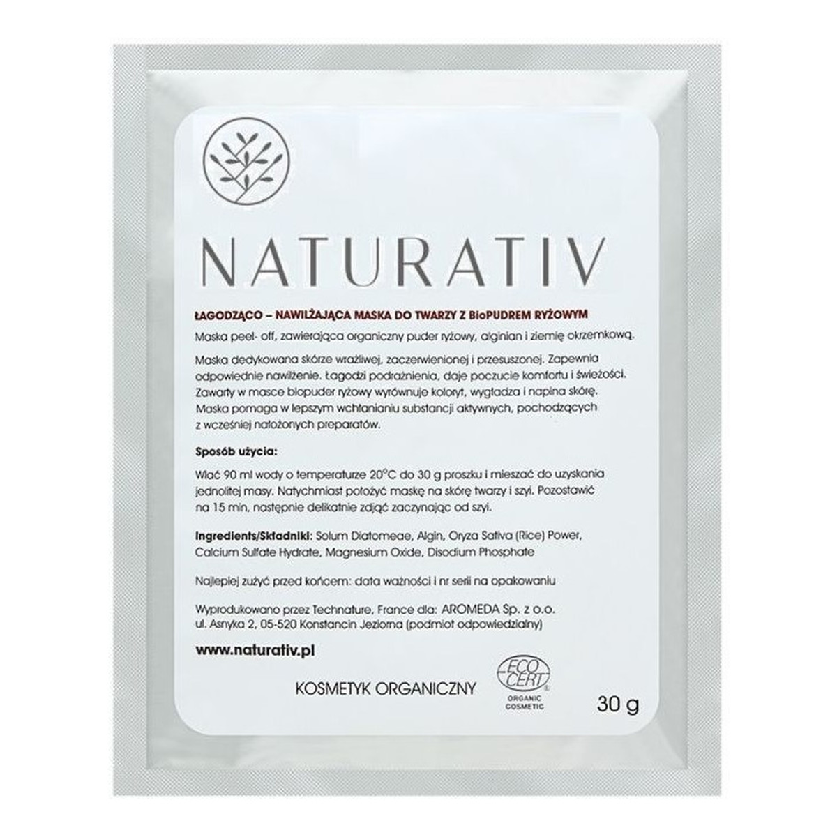 Naturativ Face mask with rice bio-powder łagodząco-nawilżająca maska do twarzy z bio-pudrem ryżowym 30g