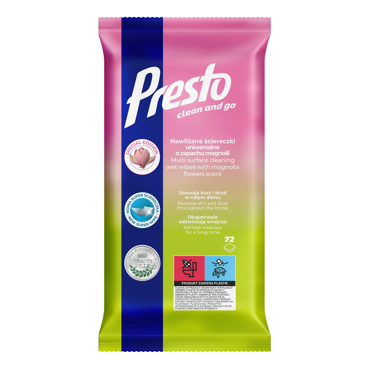 Presto Clean Magnolia zapachowe chusteczki uniwersalne do czyszczenia 2w1 72szt