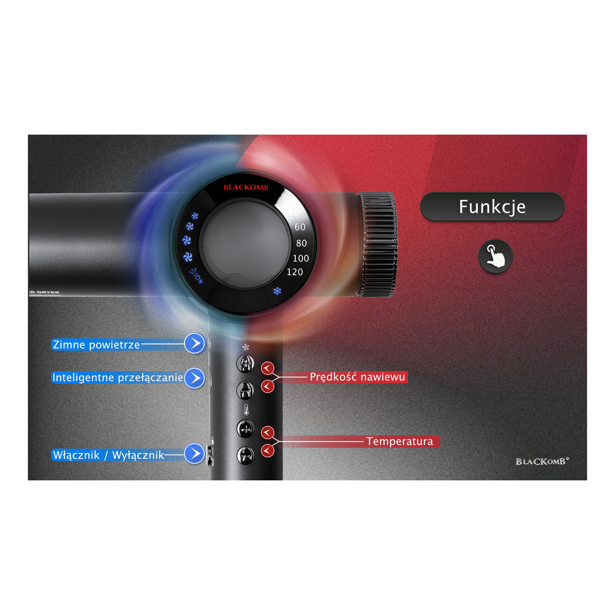 BlacKomb Profesjonalna Suszarka Do Włosów Z Jonami Ujemnymi 1900W + Dyfuzor + Koncentratory Waga 290g 290g