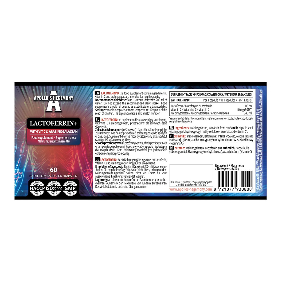Apollo's Hegemony Lactoferrin+ suplement diety 60 Kapsułek